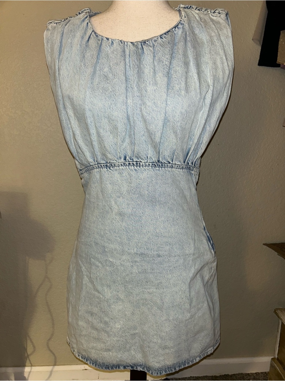 Zara Light Blue Washed Denim Sleeveless Fitted Waist-Defined Denim Mini Dress